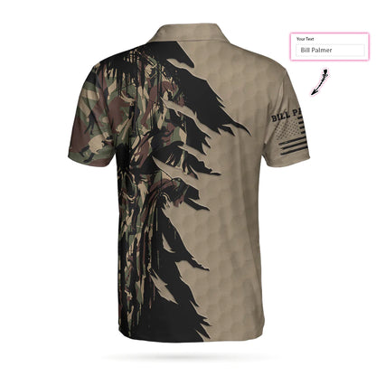 Personalized Ripped Vintage Golfing Clubs Skull Camouflaged Men Polo Shirt, Camo Golf Custom Shirt For Male