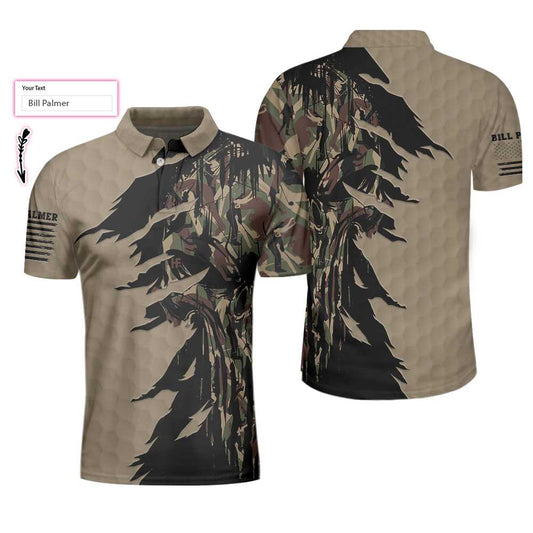 Personalized Ripped Vintage Golfing Clubs Skull Camouflaged Men Polo Shirt, Camo Golf Custom Shirt For Male
