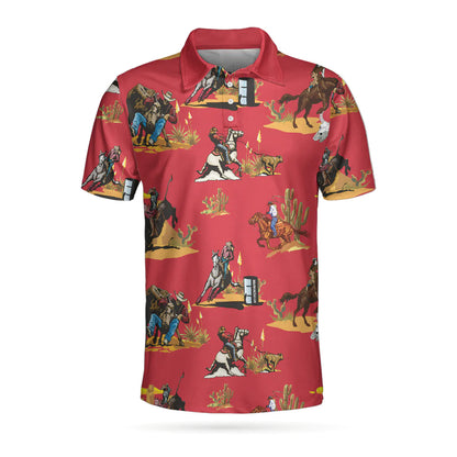 Rodeo Seamless Pattern Short Sleeve Men Polo Shirt, Red Texas Cowboy Polo Shirt, Rodeo Shirt For Male