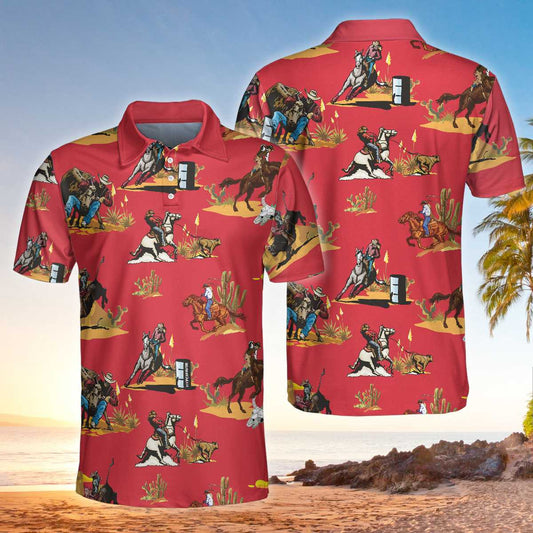 Rodeo Seamless Pattern Short Sleeve Men Polo Shirt, Red Texas Cowboy Polo Shirt, Rodeo Shirt For Male