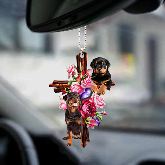 Rottweiler Roses and Jesus Ornament - Dog Car Hanging Ornament - Gift For Dog Mom, Dog Lover, Dog Owner