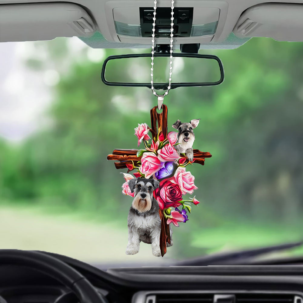 Schnauzer Roses and Jesus Ornament  - Dog Car Hanging Ornament - Gift For Dog Mom, Dog Lover, Dog Owner