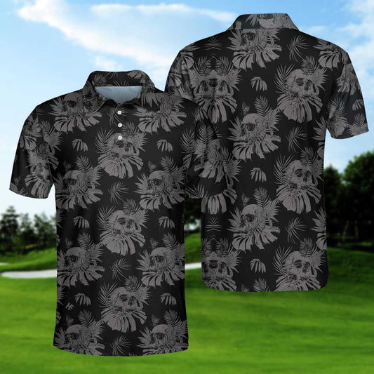 Seamless Skull Goth Polo Shirt, Black Floral Skull Pattern Polo Shirt, Best Gothic Shirt For Men - Perfect Gift For Men, Golfer