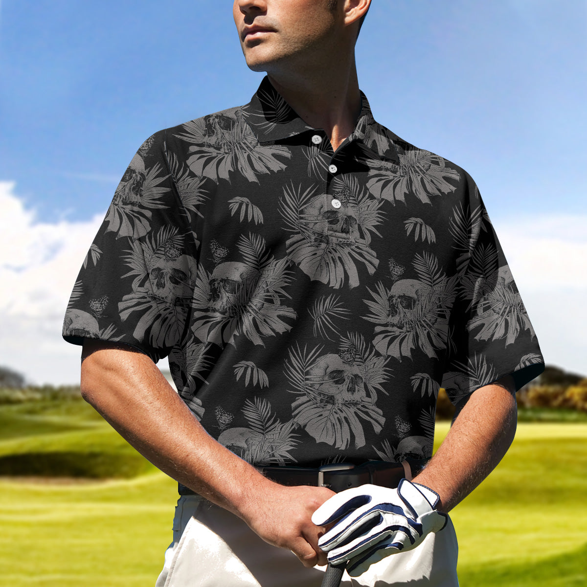 Seamless Skull Goth Polo Shirt, Black Floral Skull Pattern Polo Shirt, Best Gothic Shirt For Men - Perfect Gift For Men, Golfer