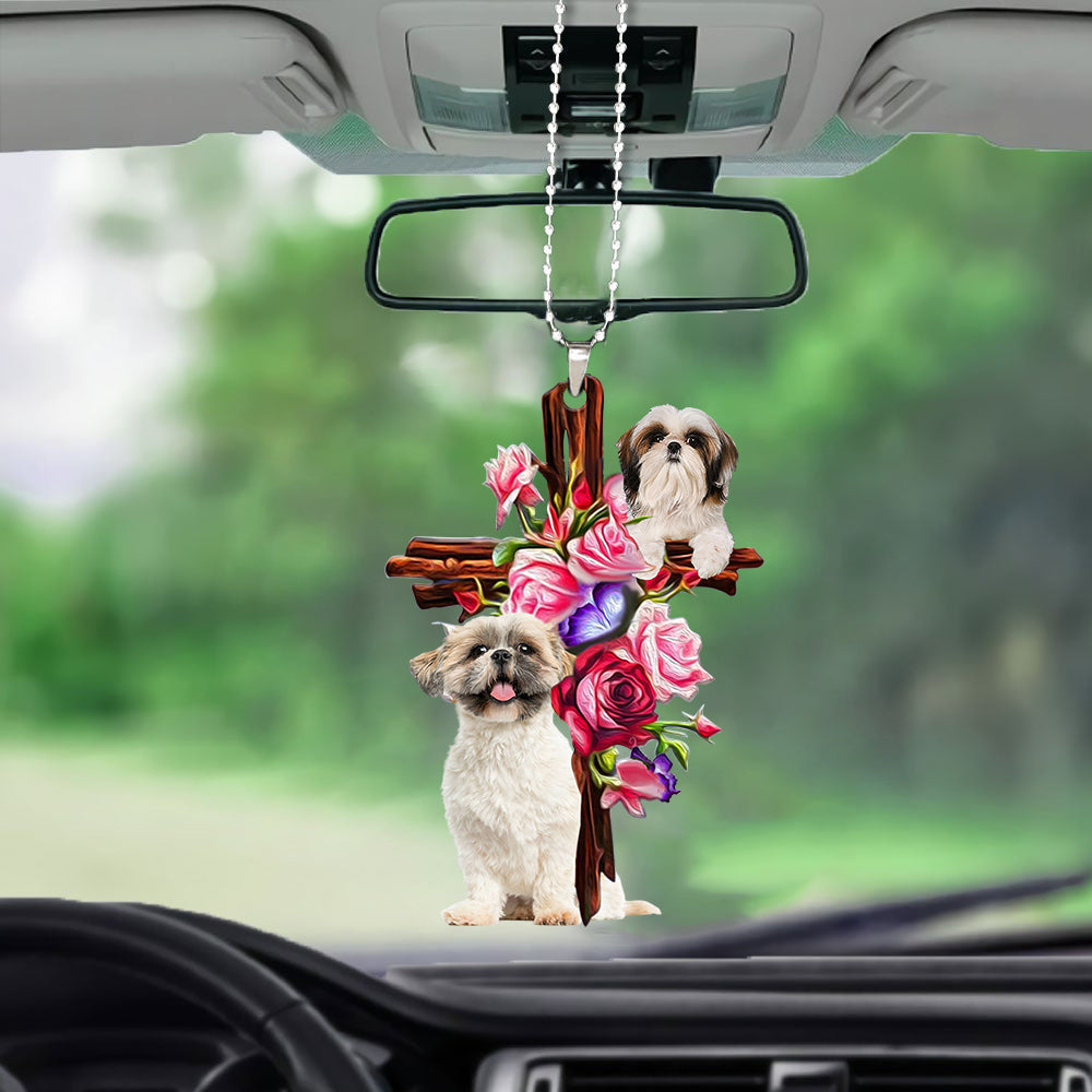 Shih Tzu Roses and Jesus Ornament - Dog Car Hanging Ornament - Gift For Dog Mom, Dog Lover, Dog Owner