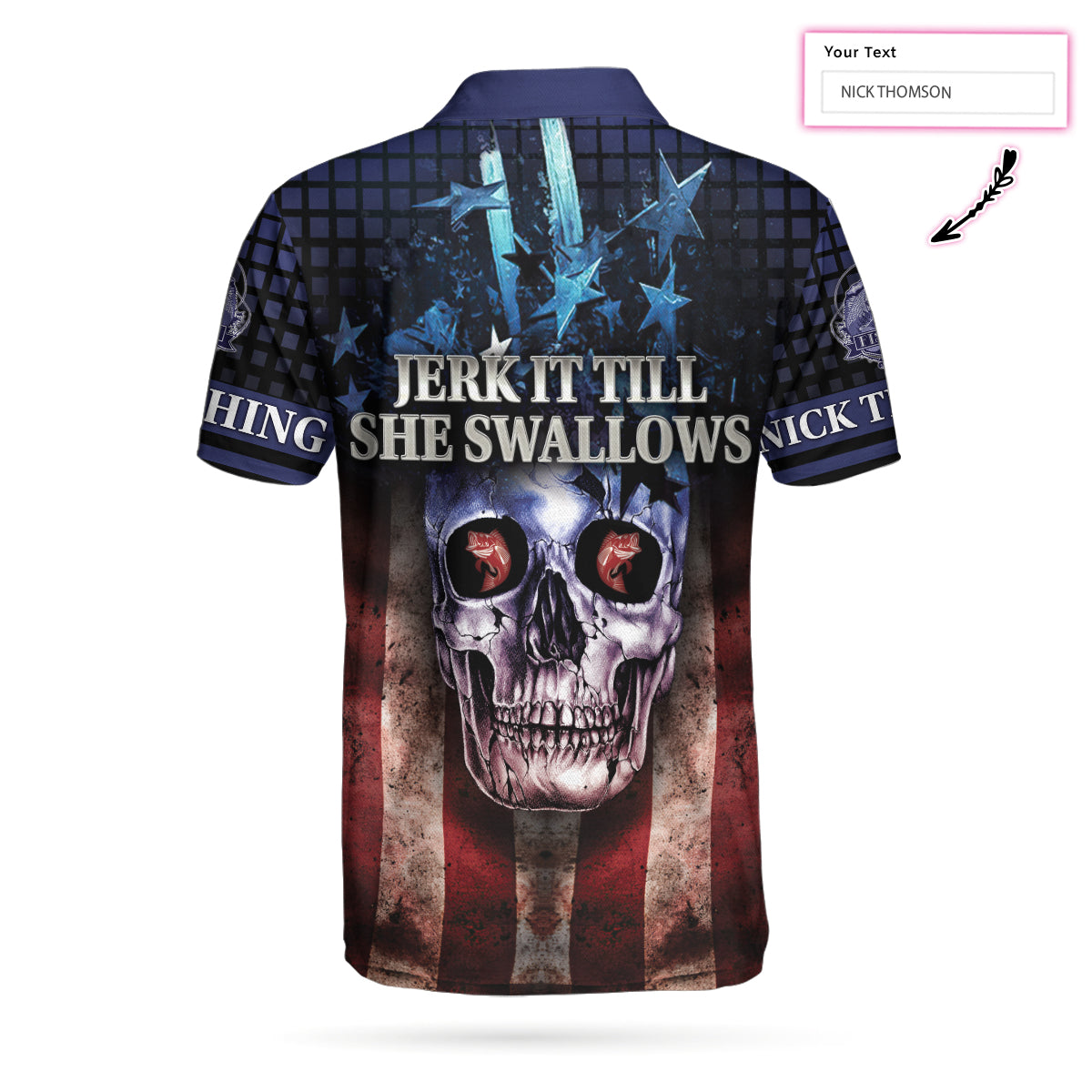 Skull Fishing Custom Name Polo Shirt, Jerk It Till She Swallows Custom Polo Shirt, Personalized American Flag Fishing Shirt - Perfect Gift For Men