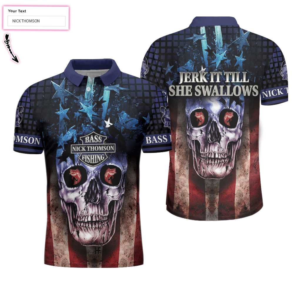 Skull Fishing Custom Name Polo Shirt, Jerk It Till She Swallows Custom Polo Shirt, Personalized American Flag Fishing Shirt - Perfect Gift For Men