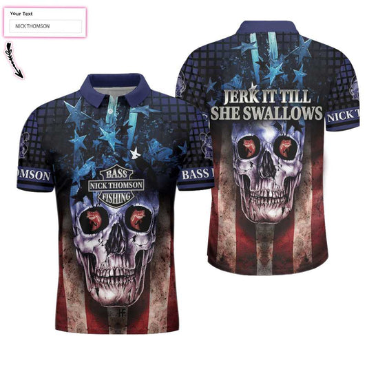 Skull Fishing Custom Name Polo Shirt, Jerk It Till She Swallows Custom Polo Shirt, Personalized American Flag Fishing Shirt - Perfect Gift For Men