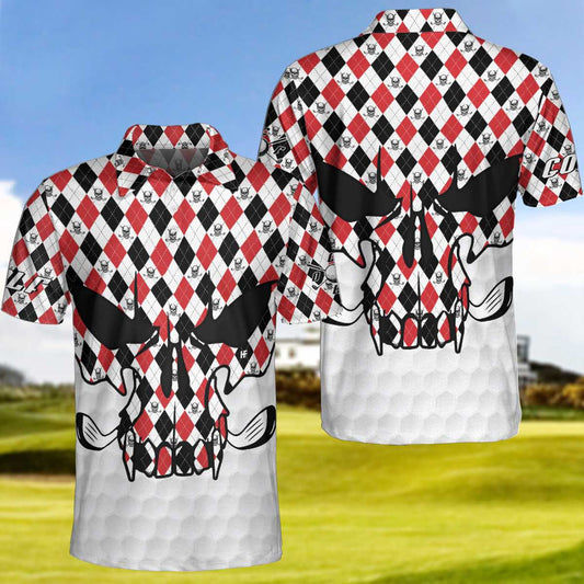 Skull Golf Red Black White Polo Shirt, Golf Texture Argyle Pattern Skull Polo Shirt, Best Golf Shirt For Men - Perfect Gift For Men, Golfers