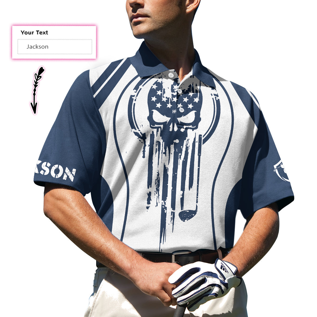 Skull Golf Custom Name Polo Shirt, Personalized Skull American Flag Golf Polo Shirt - Perfect Gift For Men, Golfers