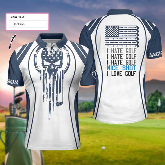 Skull Golf Custom Name Polo Shirt, Personalized Skull American Flag Golf Polo Shirt - Perfect Gift For Men, Golfers