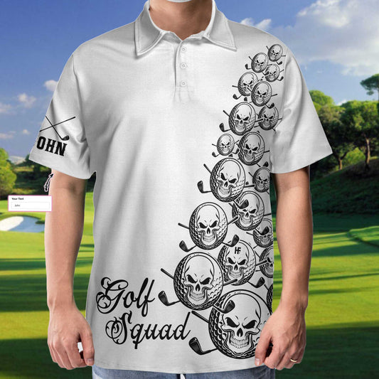 Skull Golfer Custom Name Polo Shirt, White Golf Squad Shirt, Personalized Golf Shirt For Men - Perfect Gift For Men, Golfers