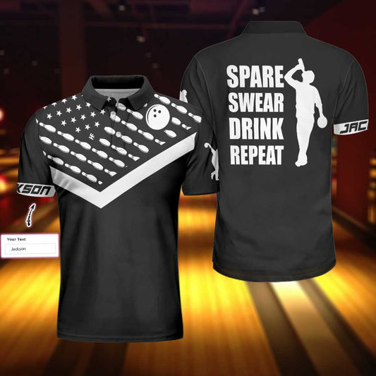 Spear Swear Drink Repeat Bowling Custom Name Polo Shirt, Personalized Black American Flag Bowling Shirt For Men - Perfect Gift For Men, Golfers