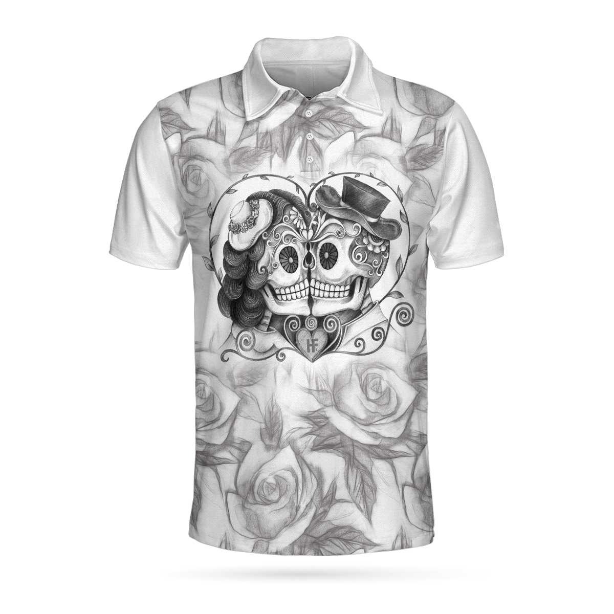 Sugar Skull Drawing Love Polo Shirt, Skull Couple Rose Pattern Pencil Sketching Polo Shirt For Men - Perfect Gift For Men