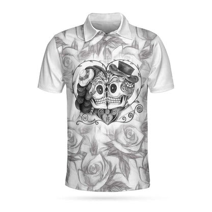 Sugar Skull Drawing Love Polo Shirt, Skull Couple Rose Pattern Pencil Sketching Polo Shirt For Men - Perfect Gift For Men