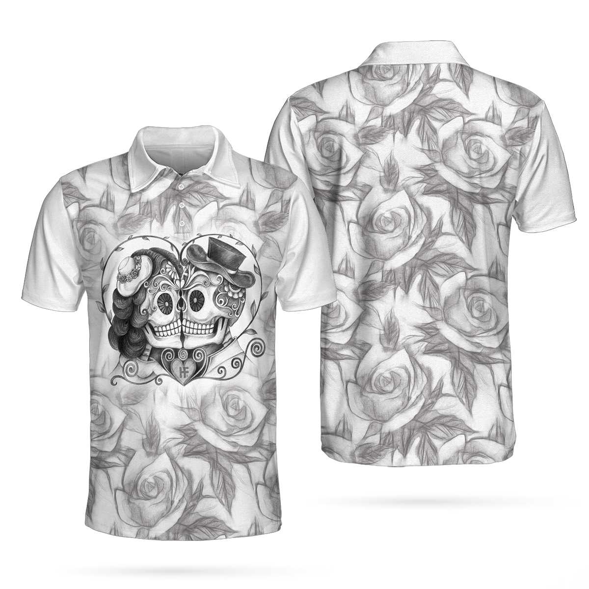Sugar Skull Drawing Love Polo Shirt, Skull Couple Rose Pattern Pencil Sketching Polo Shirt For Men - Perfect Gift For Men