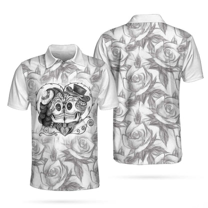 Sugar Skull Drawing Love Polo Shirt, Skull Couple Rose Pattern Pencil Sketching Polo Shirt For Men - Perfect Gift For Men