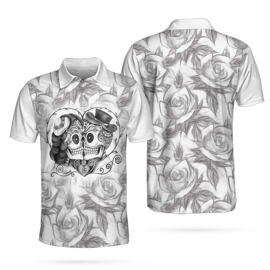 Sugar Skull Drawing Love Polo Shirt, Skull Couple Rose Pattern Pencil Sketching Polo Shirt For Men - Perfect Gift For Men