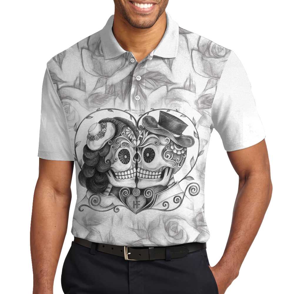 Sugar Skull Drawing Love Polo Shirt, Skull Couple Rose Pattern Pencil Sketching Polo Shirt For Men - Perfect Gift For Men