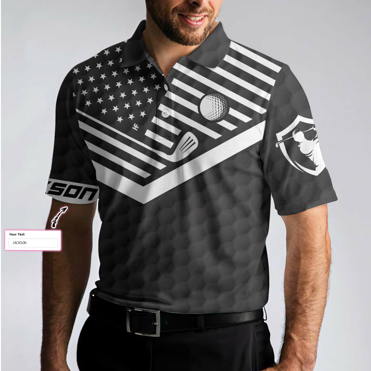 Sun Sand and Swing Custom Polo Shirt, Personalized Black American Flag Golf Shirt - Perfect Gift For Men