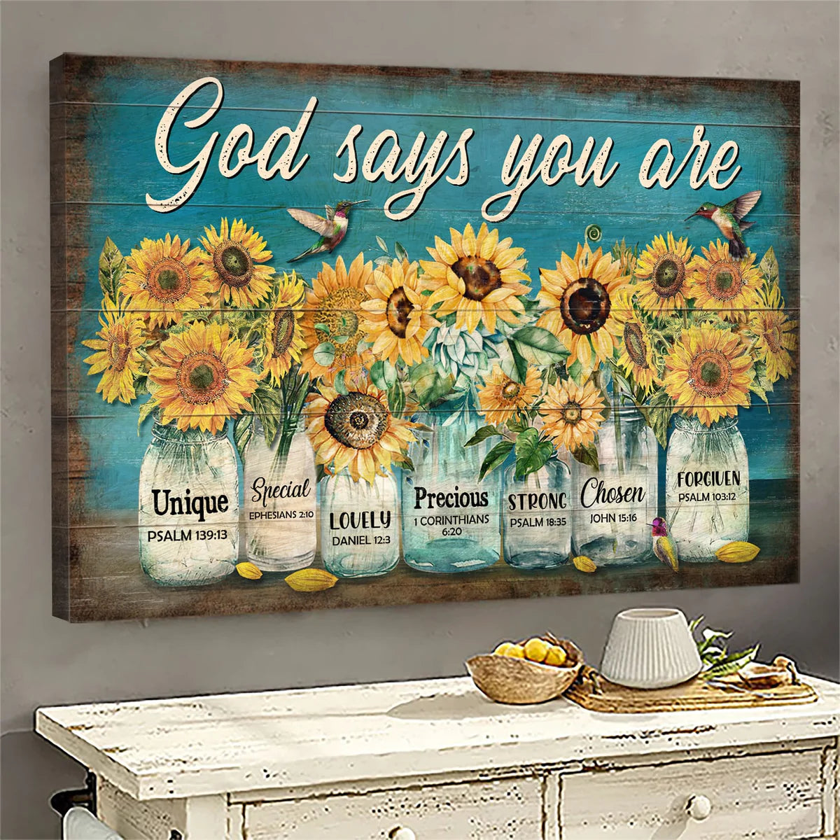 Jesus Landscape Canvas- Sunflower jar, Hummingbird, God says you are canvas- Gift for Christian - Landscape Canvas Prints, Wall Art