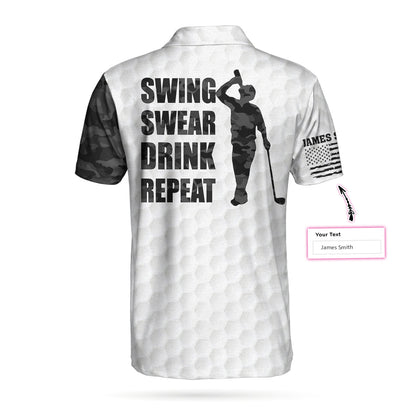 Swing Swear Drink Repeat Ripped Camouflage Skull Golf Custom Polo Shirt, Personalized Black And White Golf Shirt For Men