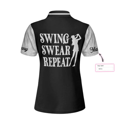 Swing Swear Repeat Custom Short Sleeve Women Polo Shirt, Black And White Golf Shirt For Female Players - Perfect Gift For Women