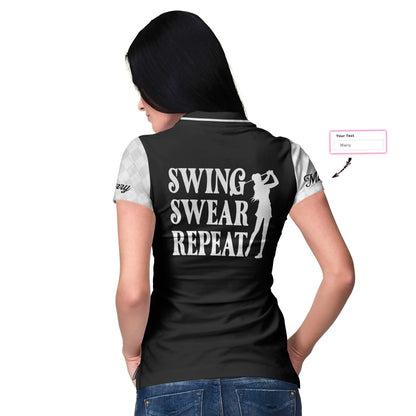 Swing Swear Repeat Custom Short Sleeve Women Polo Shirt, Black And White Golf Shirt For Female Players - Perfect Gift For Women