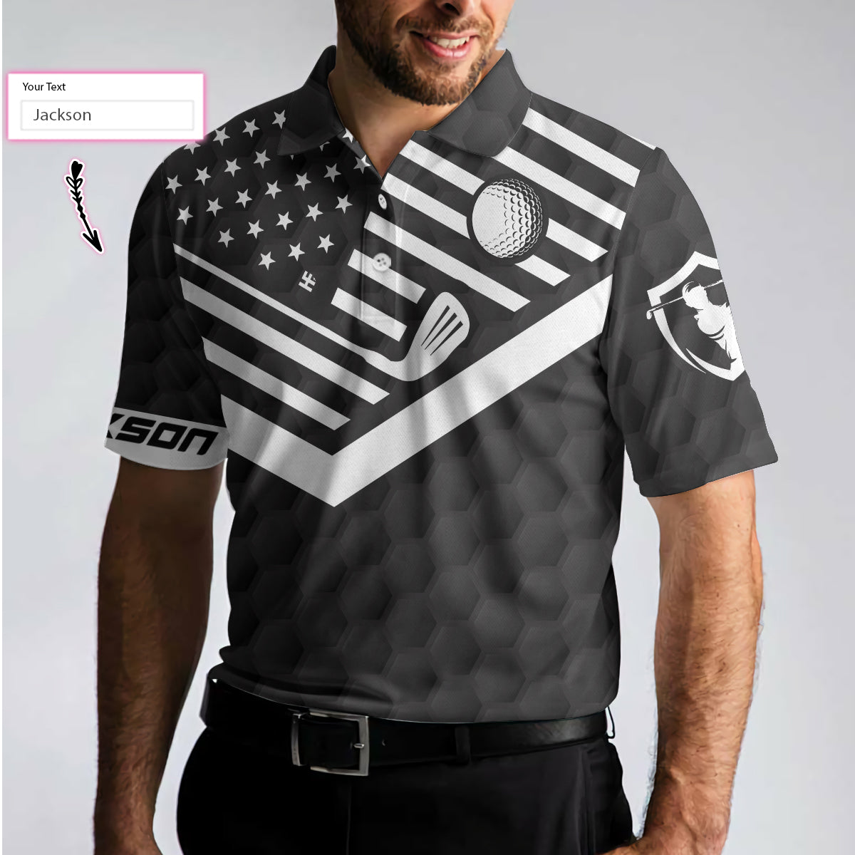 Talk Birdie To Me Custom Polo Shirt, Personalized Black American Flag Golf Shirt For Men