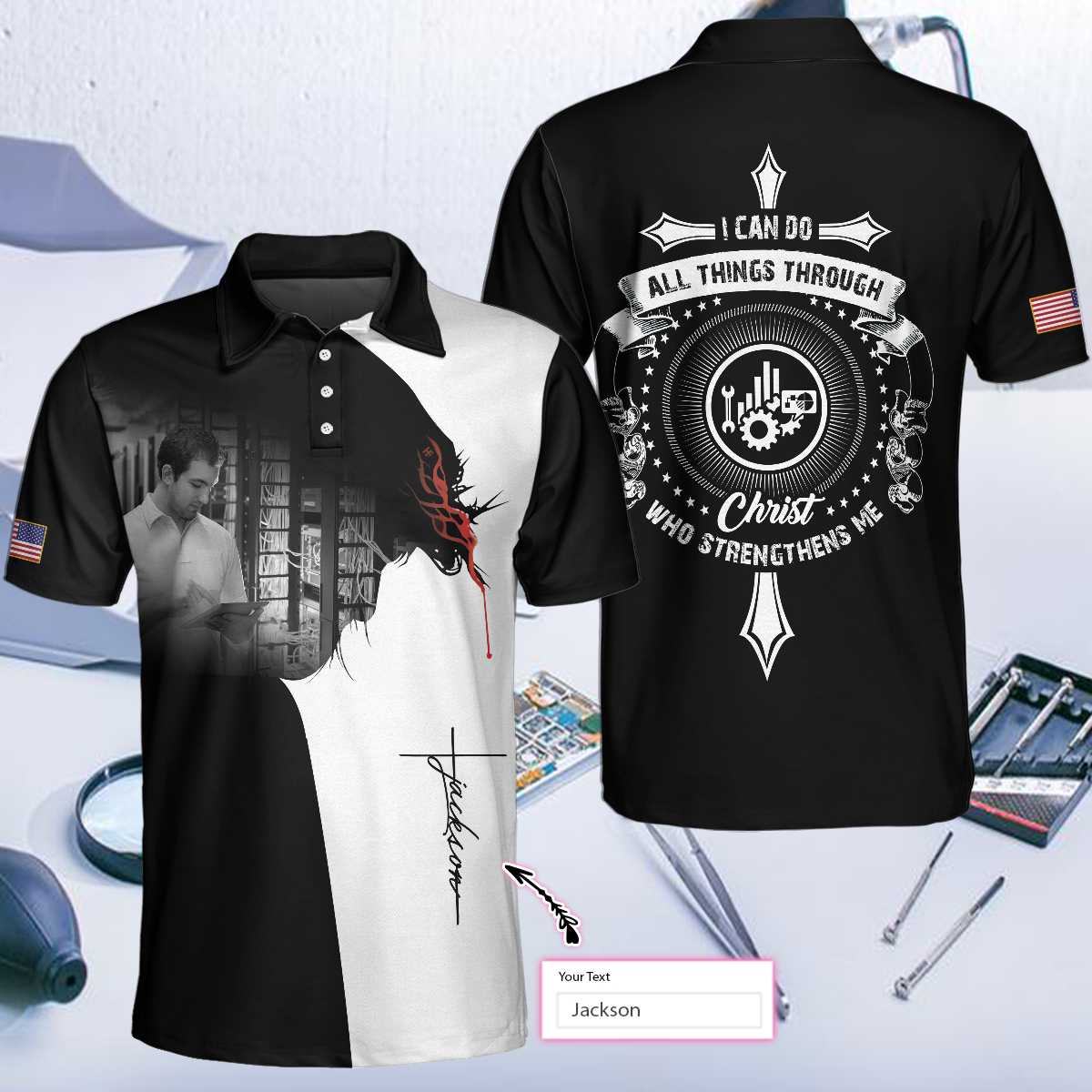Technician I Can Do All Things Custom Polo Shirt, Personalized American Flag Technician Shirt - Perfect Gift For Men