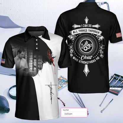 Technician I Can Do All Things Custom Polo Shirt, Personalized American Flag Technician Shirt - Perfect Gift For Men