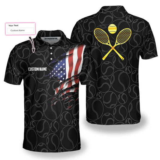 Tennis American Flag Custom Name Polo Shirt, Personalized American Flag Tennis Polo Shirt For Men, Tennis Gift For Male Players - Perfect Gift For Men