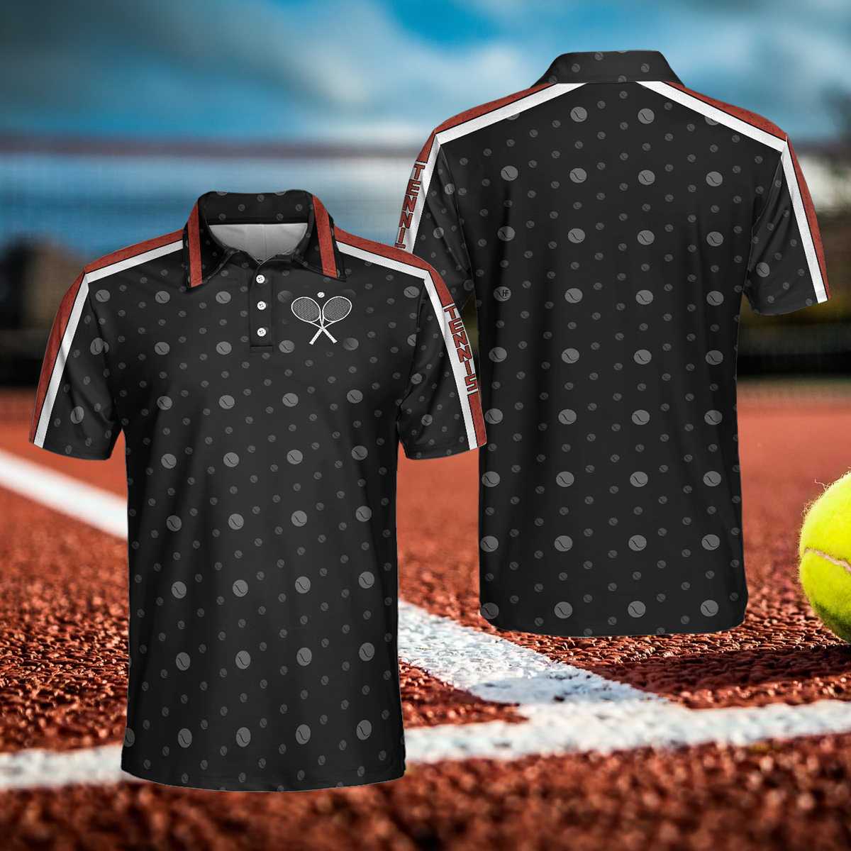 Tennis Clay Version Polo Shirt, Black Dot And Tennis Ball Pattern Polo Shirt, Best Tennis Shirt For Men - Perfect Gift For Men, Tennis Lovers