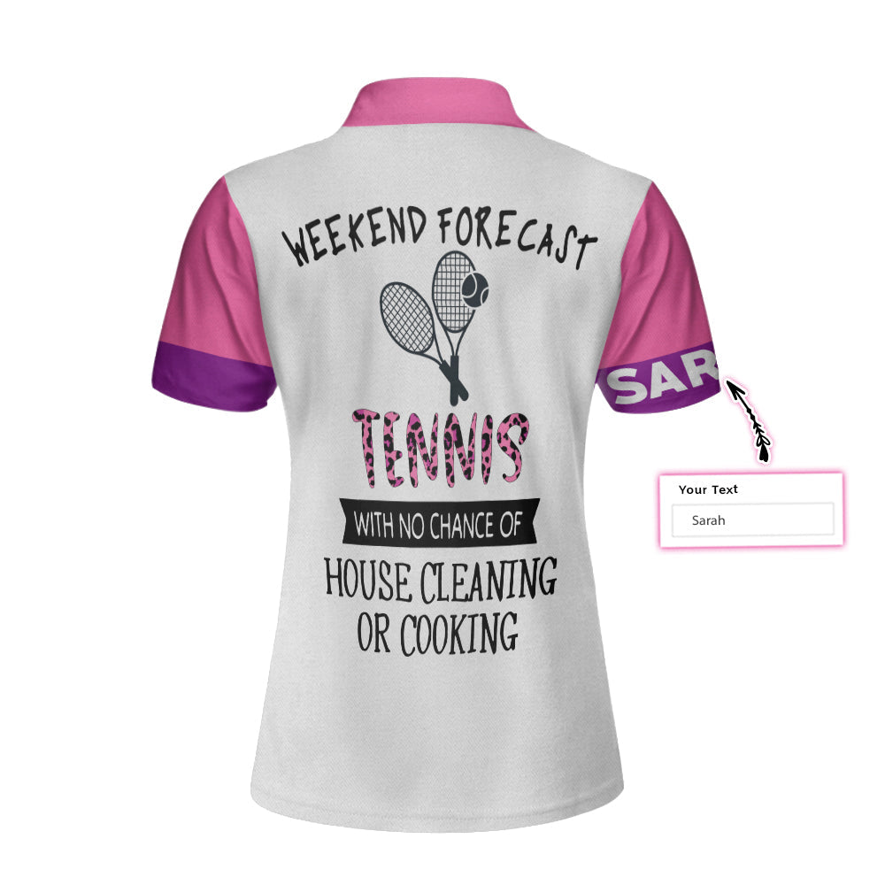 Tennis Custom Name Women Polo Shirt, Weekend Forecast Tennis Polo Shirt, Personalized Pink Leopard Tennis Shirt For Women - Best Gift For Ladies