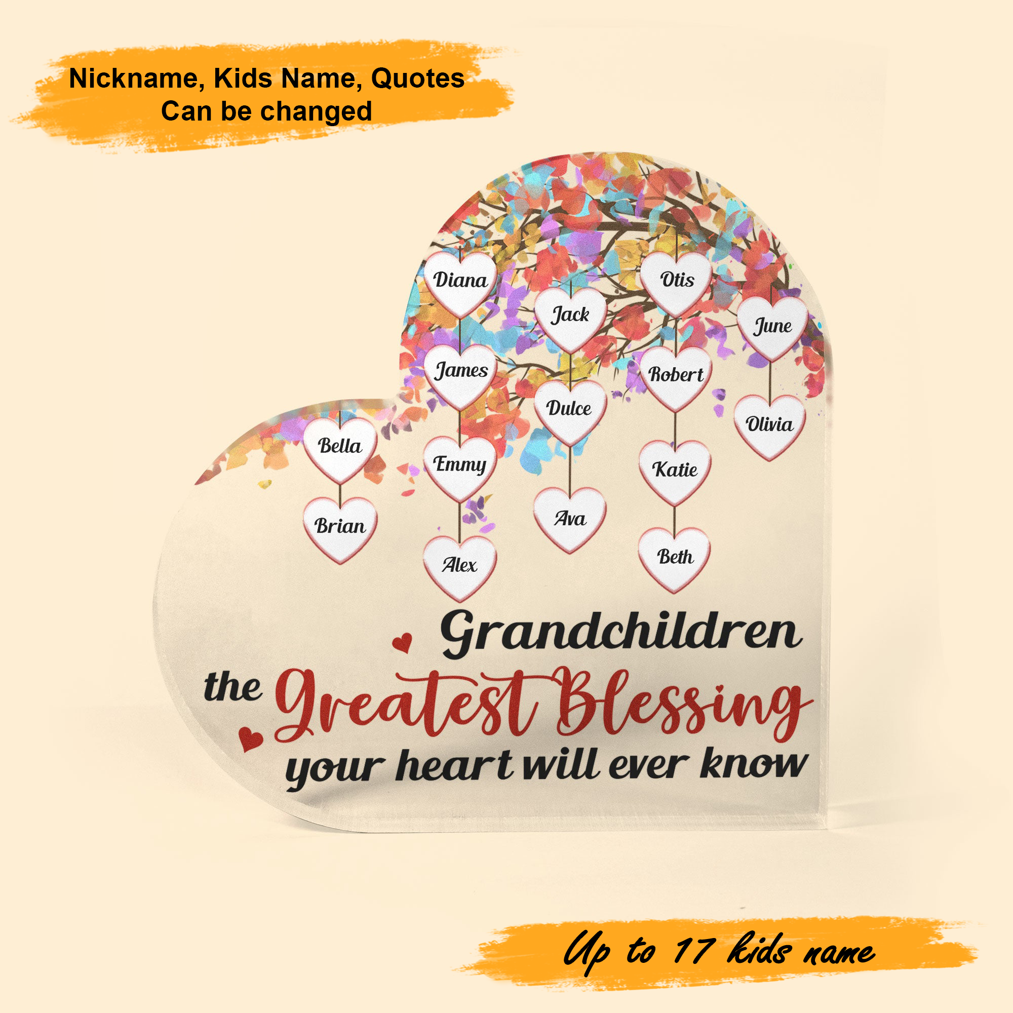 Mother's Day Grandchildren Greatest Blessing, Personalized Heart Shaped Acrylic Plaque - Custom Name Gifts For Nana, Mother, Grandma, Mom, Mama, Gigi
