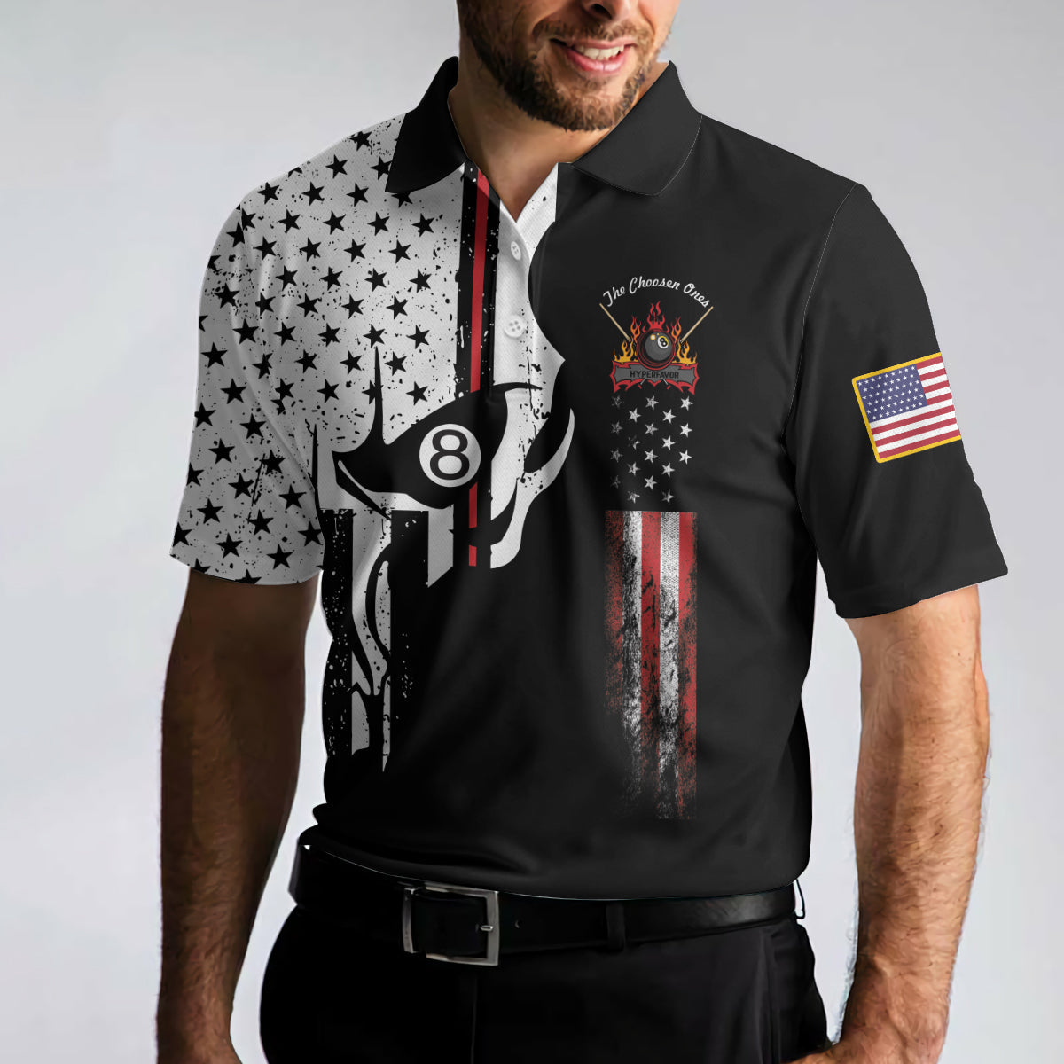 The Chosen Ones Skull Billiards Pool Polo Shirt, 8-ball Black And White Skull American Flag Billiards Shirt For Men - Perfect Gift For Men