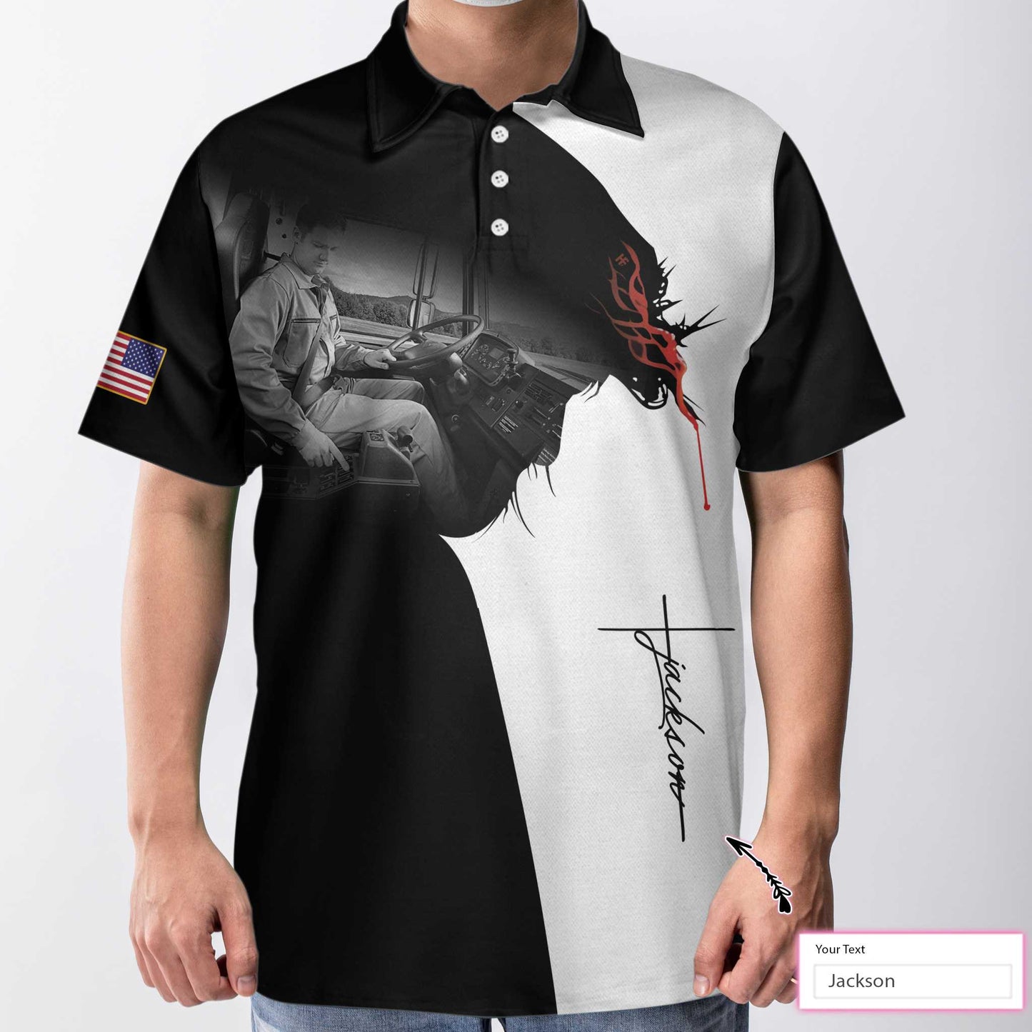 Trucker I Can Do All Things Short Sleeve Custom Polo Shirt, Christian American Flag Polo Shirt For Truckers - Perfect Gift For Men