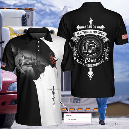 Trucker I Can Do All Things Short Sleeve Custom Polo Shirt, Christian American Flag Polo Shirt For Truckers - Perfect Gift For Men