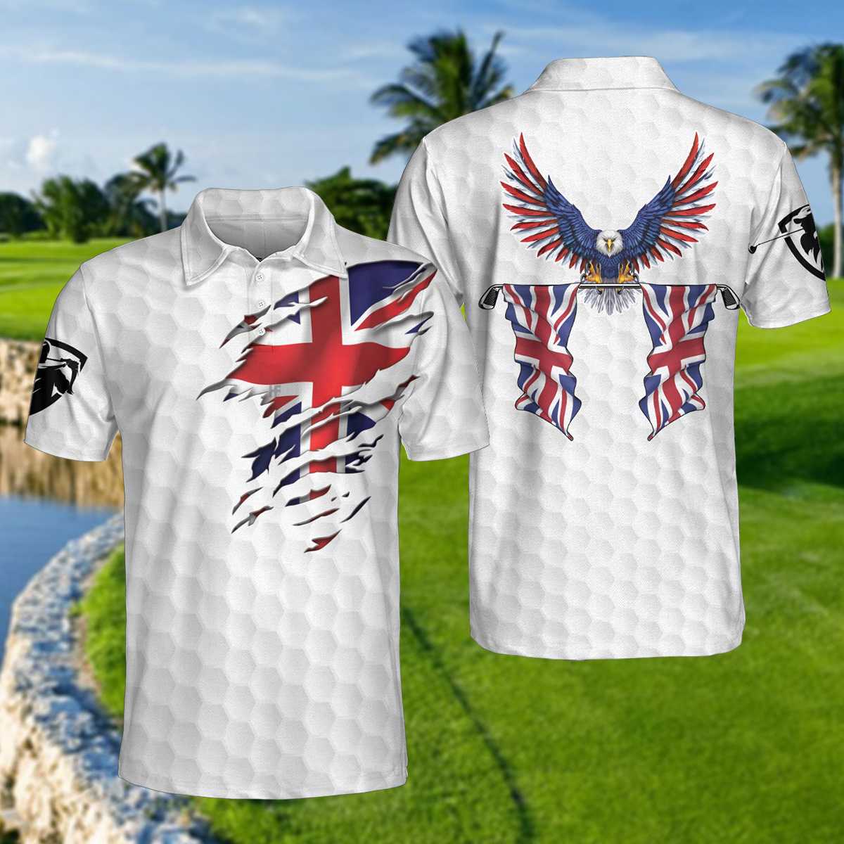 United Kingdom Eagle Flag Polo Shirt, Golf Pattern Ripped Great Britain Jack Polo Shirt, UK Golf Shirt - Perfect Gift For Men