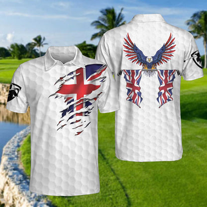 United Kingdom Eagle Flag Polo Shirt, Golf Pattern Ripped Great Britain Jack Polo Shirt, UK Golf Shirt - Perfect Gift For Men