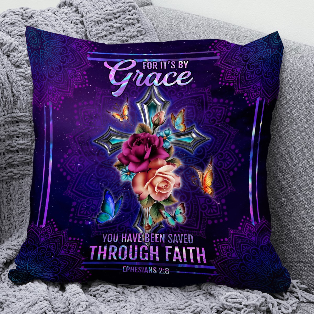 Bible Verse Pillow - Scripture Pillow - God Pillow -  You Have Been Saved Through Faith - Stunning Floral Cross Throw Pillow