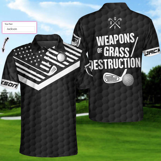 Weapons Of Grass Destruction Custom Name Polo Shirt, Personalized Black American Flag Golf Shirt For Men - Perfect Gift For Men, Golfers