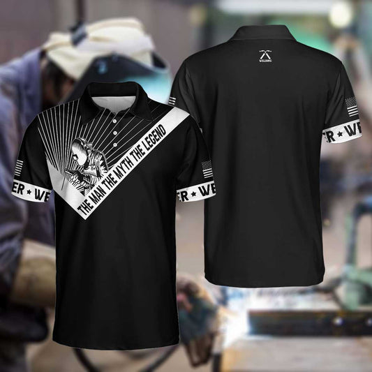 Welder Men Polo Shirt, The Man The Myth The Legend Polo Shirt, Personalized Black And White American Flag Welder Shirt - Perfect Gift For Men, Welders