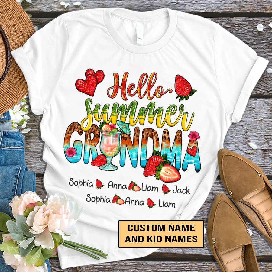 Grandma And Kids Custom Name T-shirt, Mother's Day Shirt, Hello Summer Strawberry Grandma And Kids Personalized Shirt - Perfect Gift For Nana, Mimi, Grandma