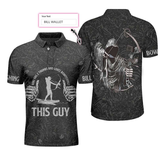 Who Has 2 Thumbs And Loves Bowfishing Custom Polo Shirt, Fish Skeleton Pattern Archer Reaper Polo Shirt, Best Fishing Shirt - Perfect Gift For Men