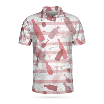 Wine Pattern Short Sleeve Polo Shirt, Pink Horizontal Stripe Polo Shirt, Best Wine Drinking Shirt - Perfect Gift For Men