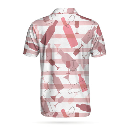 Wine Pattern Short Sleeve Polo Shirt, Pink Horizontal Stripe Polo Shirt, Best Wine Drinking Shirt - Perfect Gift For Men