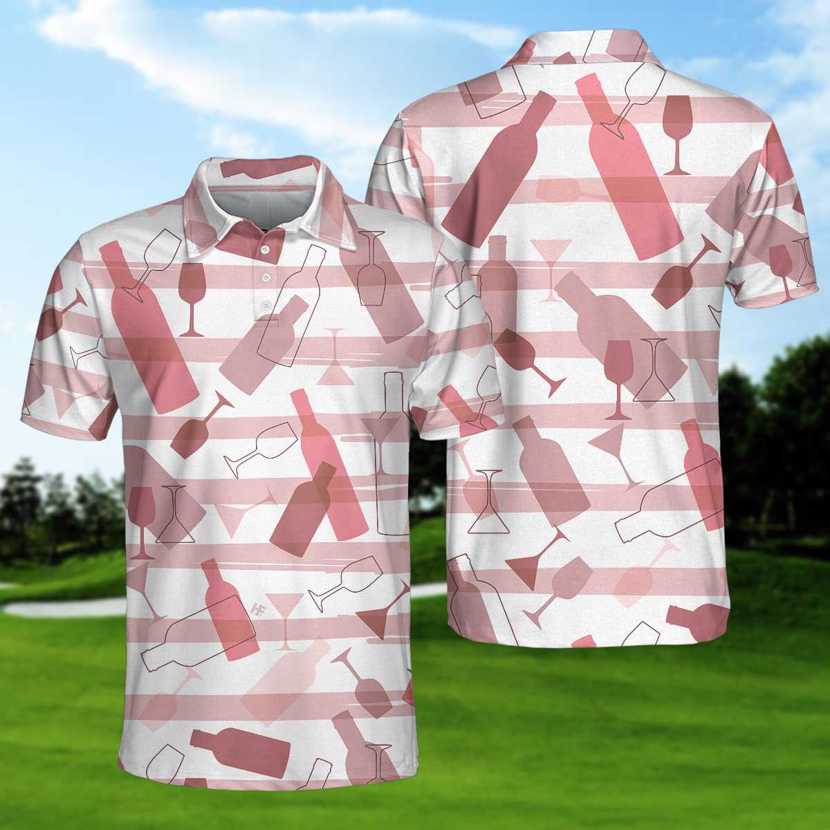 Wine Pattern Short Sleeve Polo Shirt, Pink Horizontal Stripe Polo Shirt, Best Wine Drinking Shirt - Perfect Gift For Men
