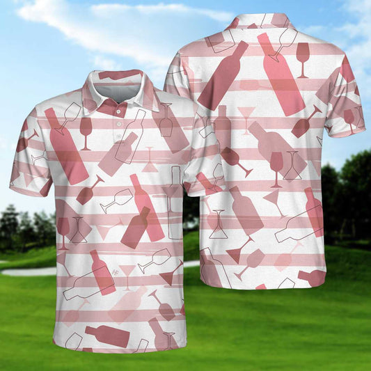 Wine Pattern Short Sleeve Polo Shirt, Pink Horizontal Stripe Polo Shirt, Best Wine Drinking Shirt - Perfect Gift For Men
