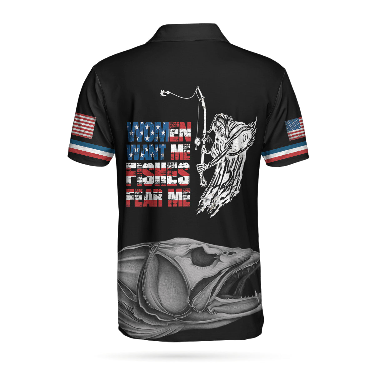 Woman Want Me Fishes Fear Me Black Version Polo Shirt, Fish Skeleton Reaper American Flag Polo Shirt, Best Fishing Shirt For Men
